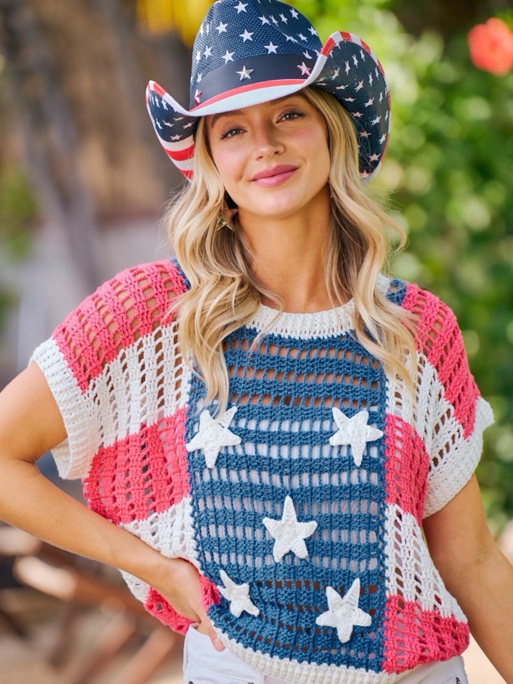 🇺🇸 BiBi Crochet Star Patches 4th Of July Sweater Cover Up